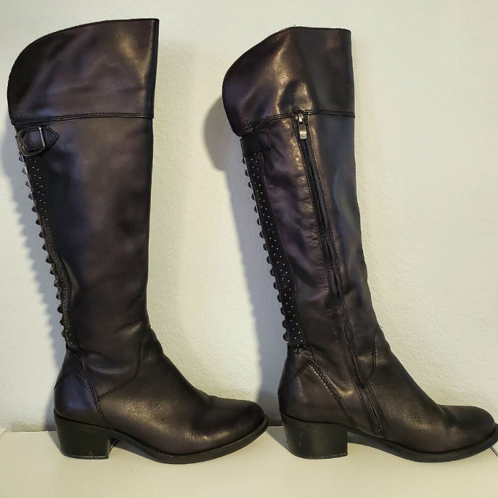 Vince Camuto Bollo Over the Calf Tall Studded Black Leather Boots Size 8.5